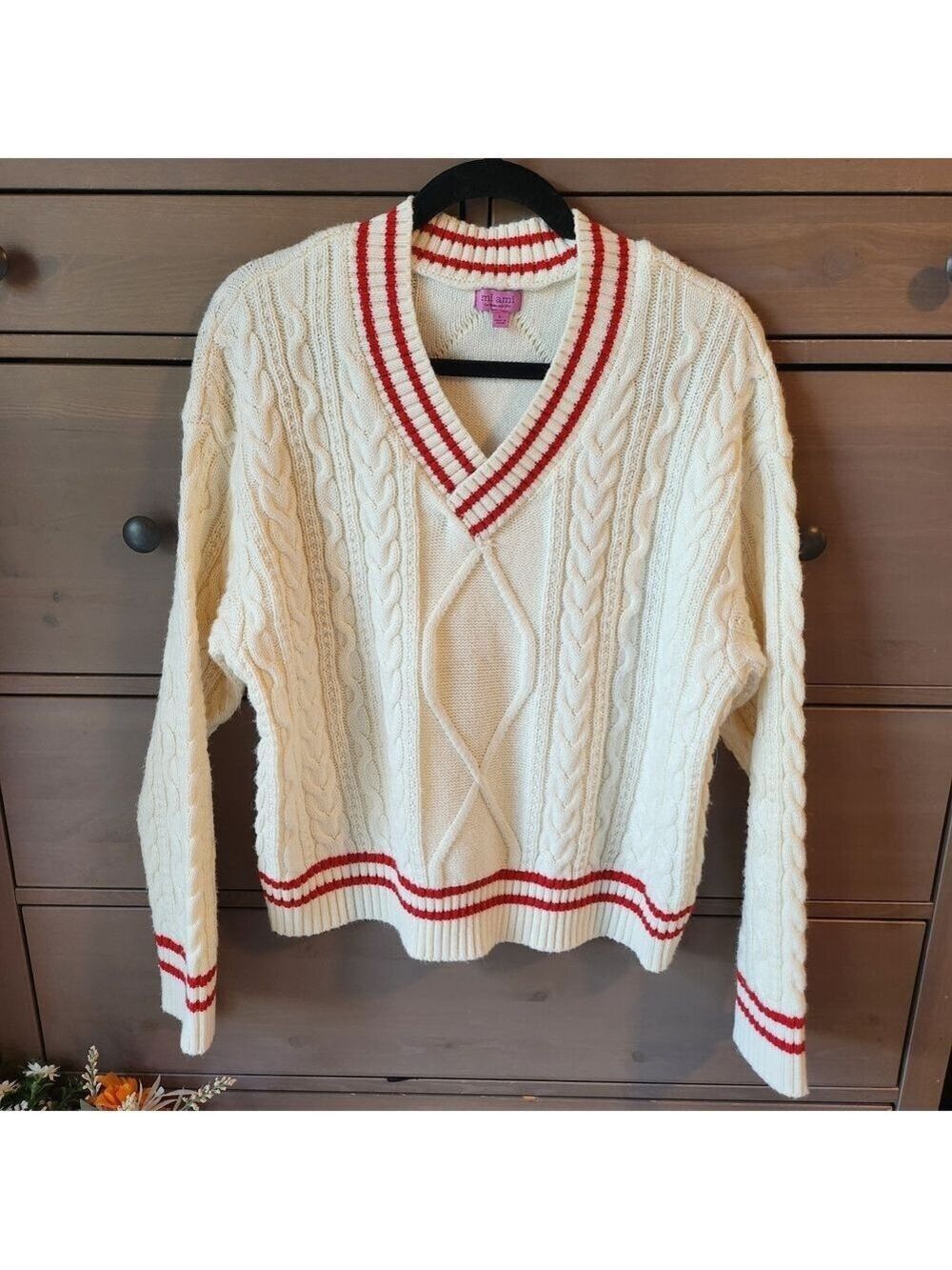 Preppy V-Neck Cable Knit Pullover Sweater With Red Stripes